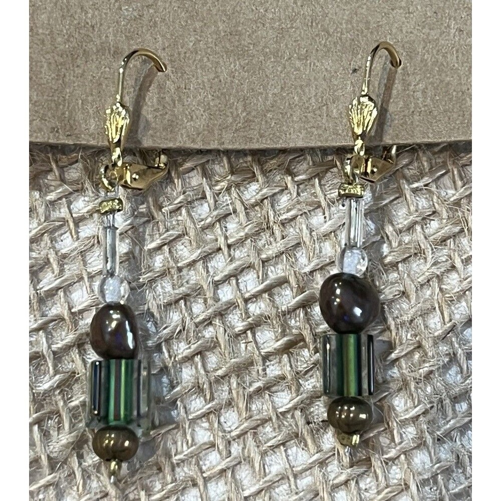 Venetian Lampwork Striped Green Glass & Brown Fresh Water Pearl Dangle Earrings